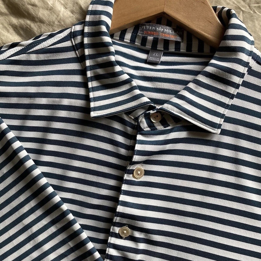 Peter Millar Summer Comfort Men's XL Poly Golf Polo SS Shirt Stripes Blue White